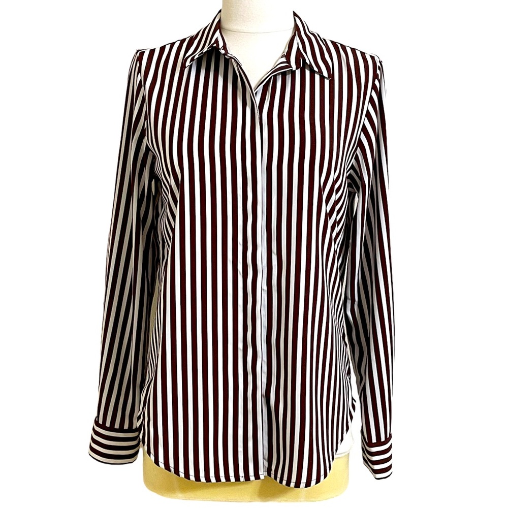 H&M Womens White & Brown Striped Silky Button Down Shirt Size Small